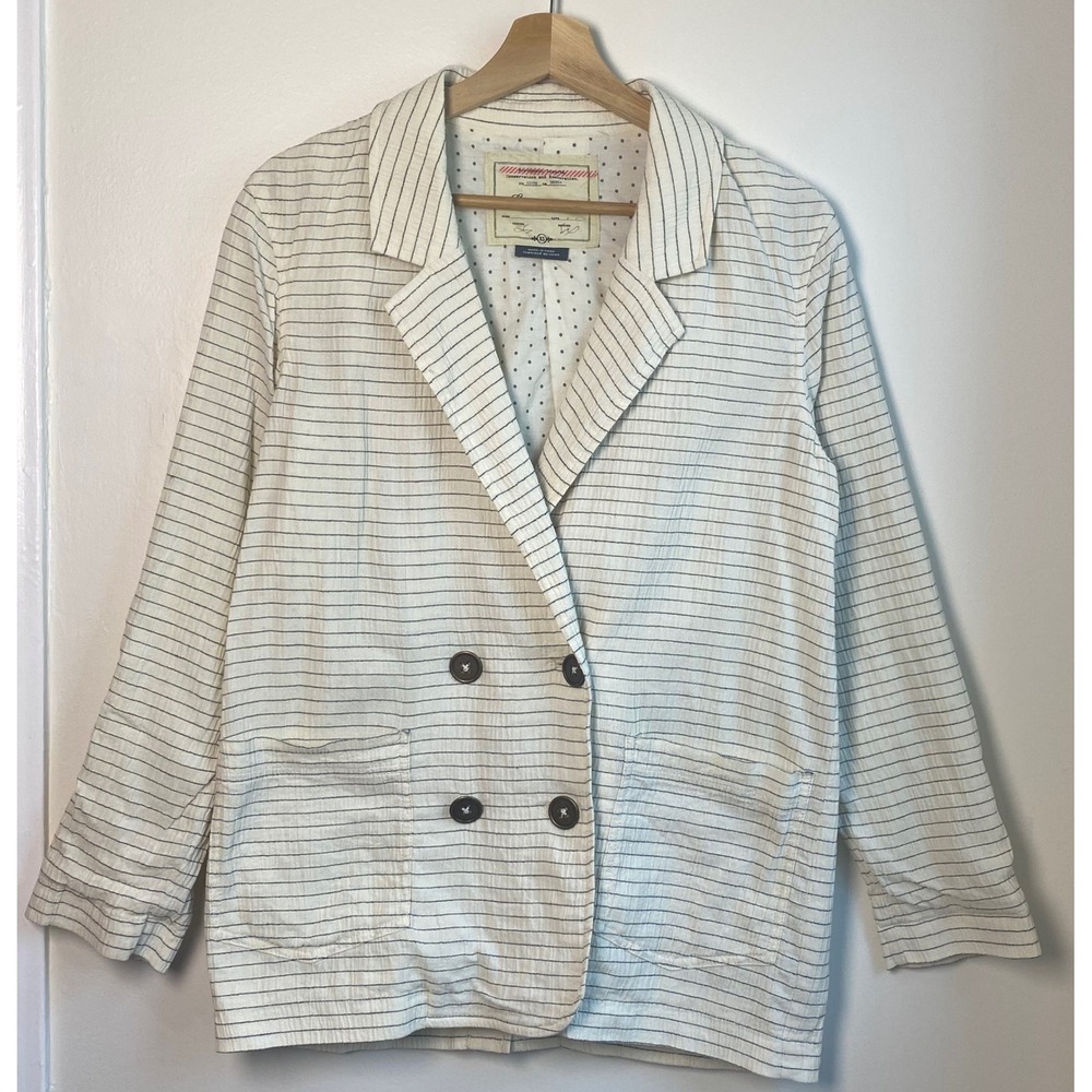 Anthropologie Cartonnier Blazer Women XS White Blue Striped Double Breasted